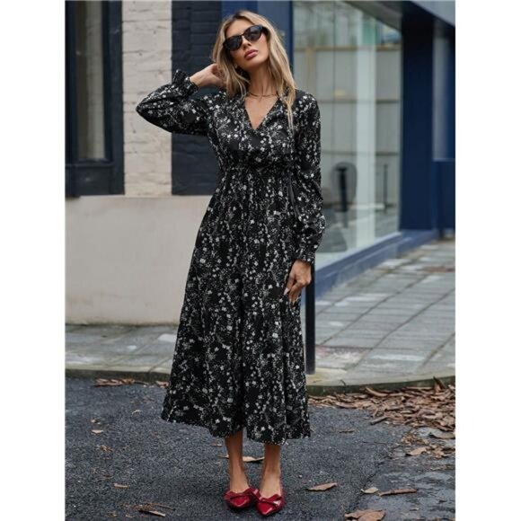 Random Floral Print Tie Waist Flared Sleeve V-Neck Ruffle Hem Dress - Picture 5 of 8